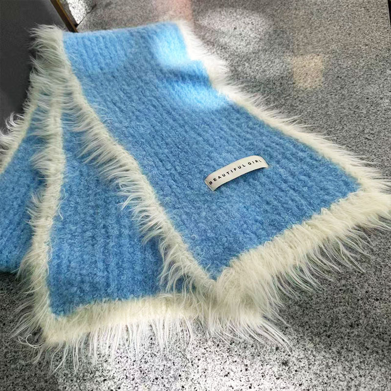 Xinyi akrila adīta šalle ar mākslīgu norkas kažoku, krāsu blokdizains, ziemas siltums