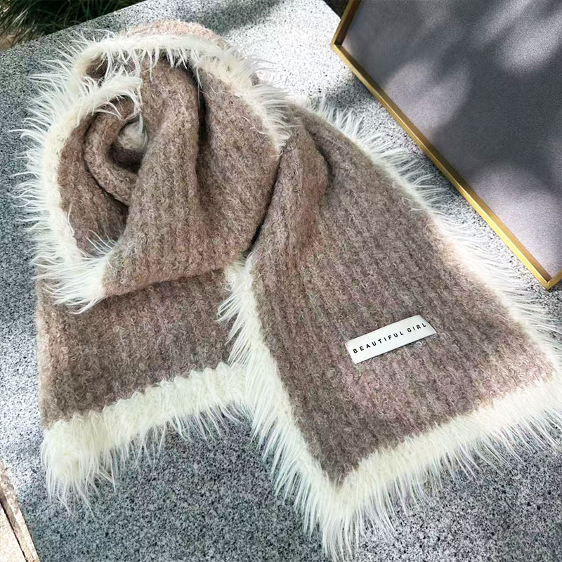 Xinyi akrila adīta šalle ar mākslīgu norkas kažoku, krāsu blokdizains, ziemas siltums