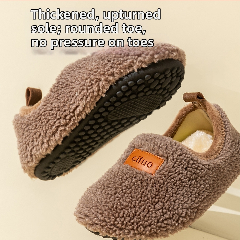 Детски вътрешни обувки за пода, с подплата от флис, гумена подметка, удебелени за есенно-зимния сезон, едноцветни