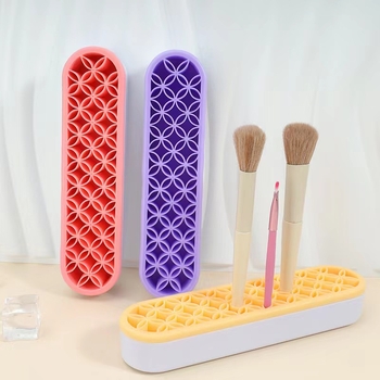 Кутия за съхранение на четки за грим със силиконова вложка и ABS капак — преносим настолен органайзер, без пробиване, водоустойчив