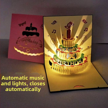 Κάρτα γενεθλίων με 3D διάτρητο σχέδιο τούρτας, φωτισμό και ήχο, από ειδικό χαρτί, θερμοτυπία, κινεζικού κλασικού στυλ