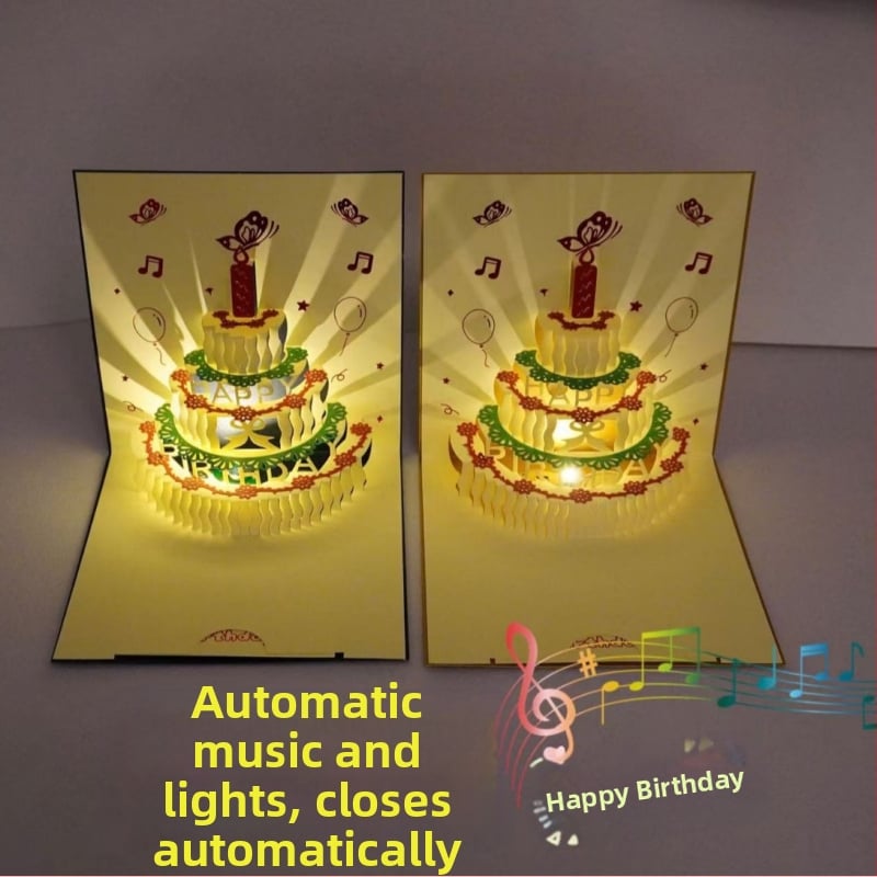 Κάρτα γενεθλίων με 3D διάτρητο σχέδιο τούρτας, φωτισμό και ήχο, από ειδικό χαρτί, θερμοτυπία, κινεζικού κλασικού στυλ