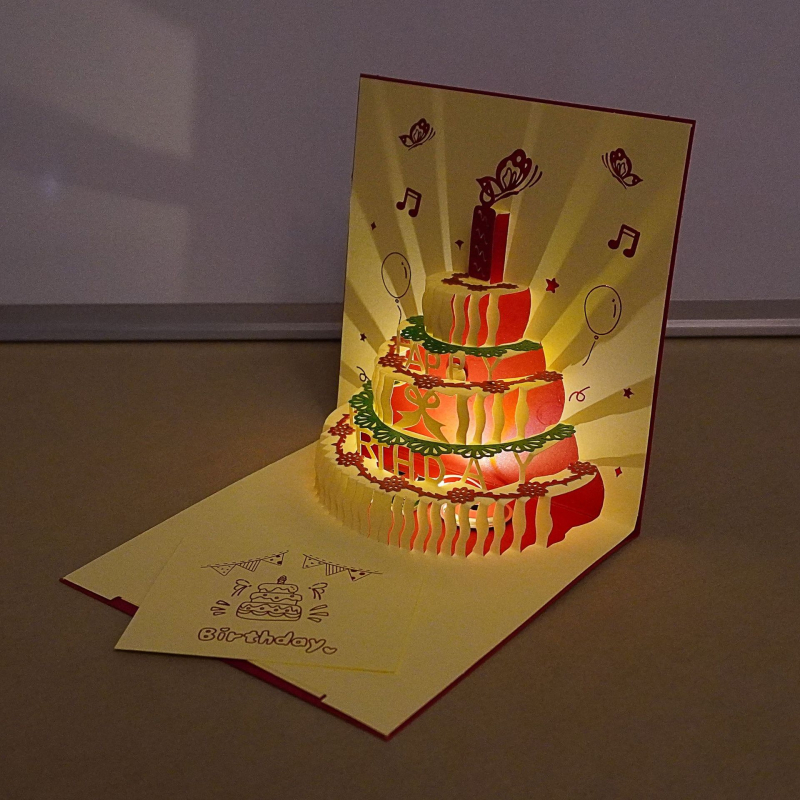 Κάρτα γενεθλίων με 3D διάτρητο σχέδιο τούρτας, φωτισμό και ήχο, από ειδικό χαρτί, θερμοτυπία, κινεζικού κλασικού στυλ