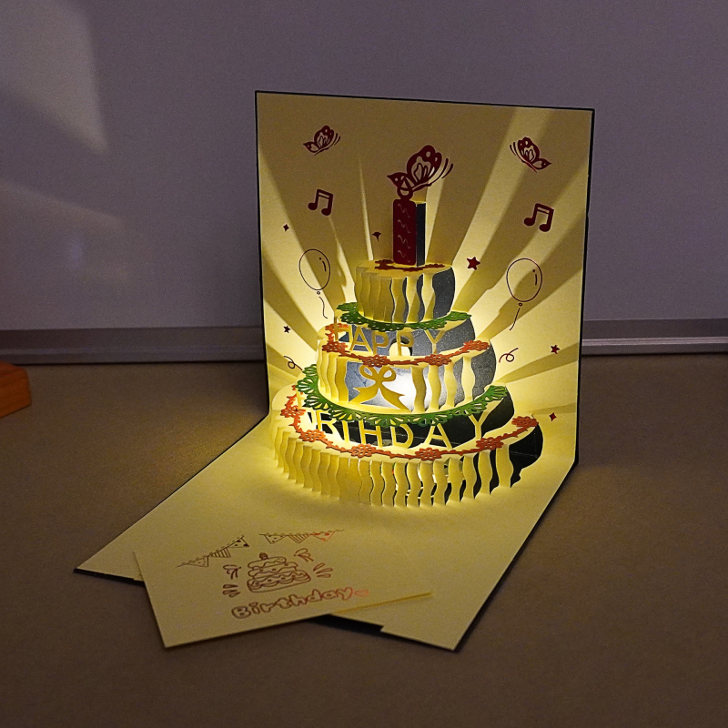 Κάρτα γενεθλίων με 3D διάτρητο σχέδιο τούρτας, φωτισμό και ήχο, από ειδικό χαρτί, θερμοτυπία, κινεζικού κλασικού στυλ