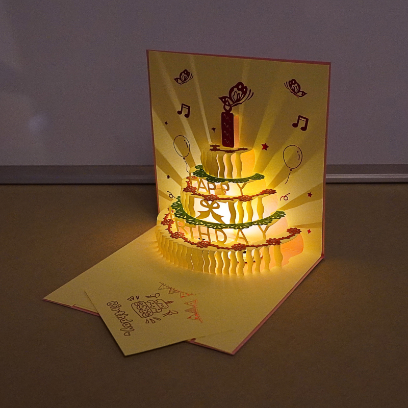 Κάρτα γενεθλίων με 3D διάτρητο σχέδιο τούρτας, φωτισμό και ήχο, από ειδικό χαρτί, θερμοτυπία, κινεζικού κλασικού στυλ