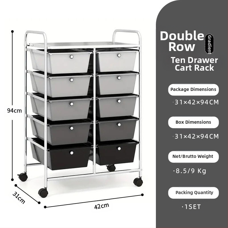 5-rétű műanyag tárolókocsi, két soros 10 fiókos rendszerrel, mozgatható, padlón álló