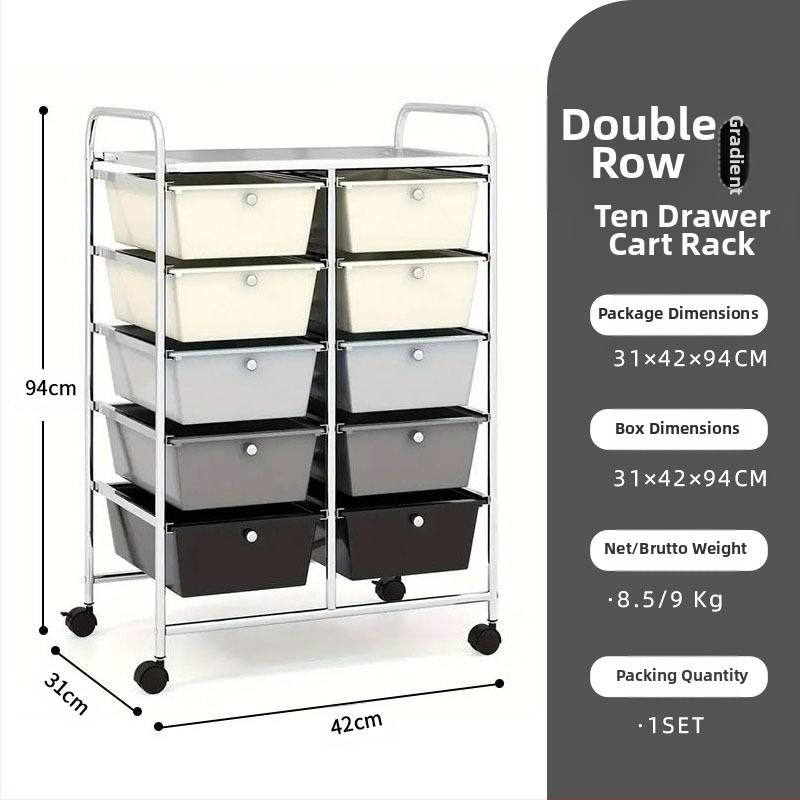 5-rétű műanyag tárolókocsi, két soros 10 fiókos rendszerrel, mozgatható, padlón álló