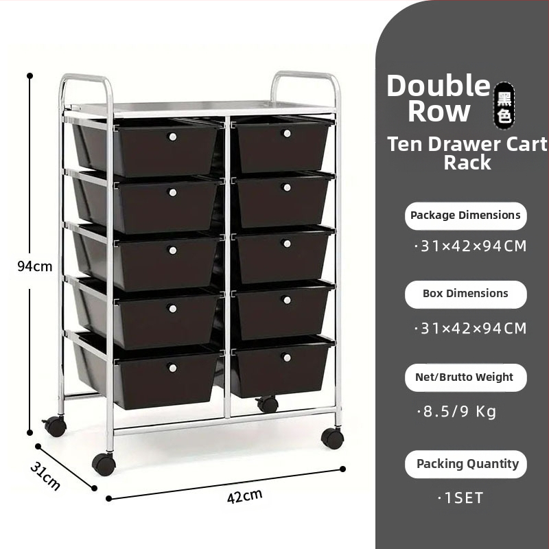 5-rétű műanyag tárolókocsi, két soros 10 fiókos rendszerrel, mozgatható, padlón álló