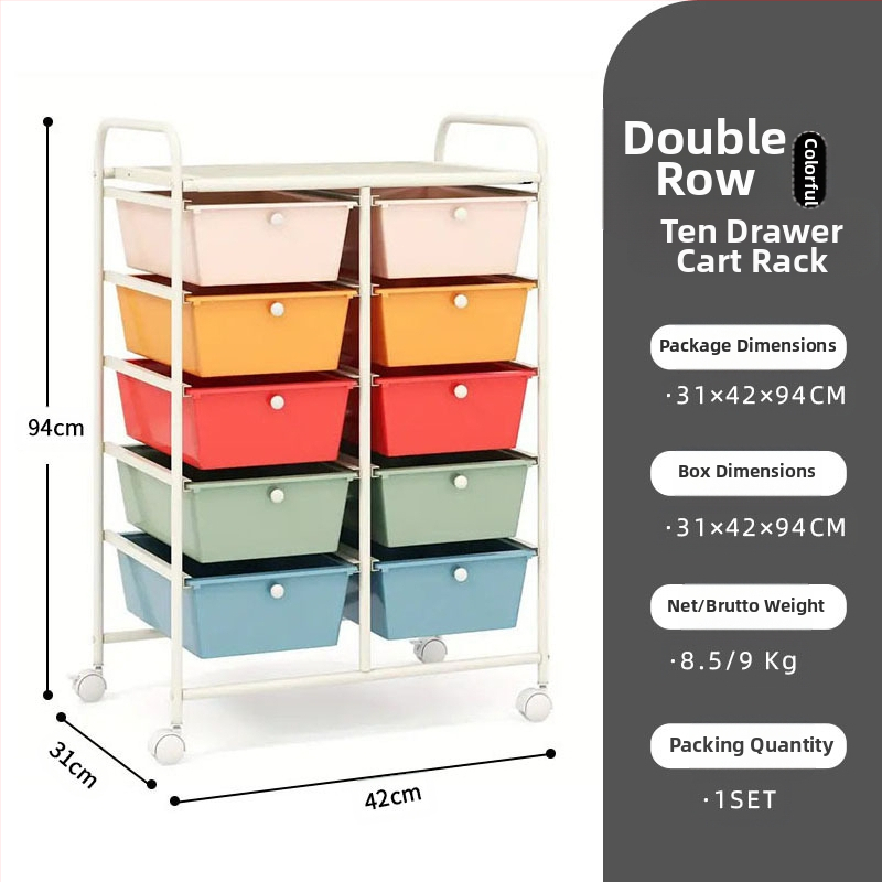 5-rétű műanyag tárolókocsi, két soros 10 fiókos rendszerrel, mozgatható, padlón álló