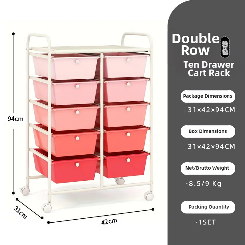 5-rétű műanyag tárolókocsi, két soros 10 fiókos rendszerrel, mozgatható, padlón álló