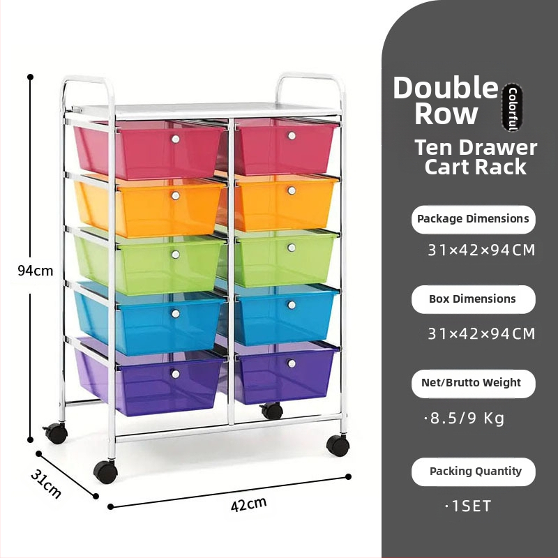 5-rétű műanyag tárolókocsi, két soros 10 fiókos rendszerrel, mozgatható, padlón álló