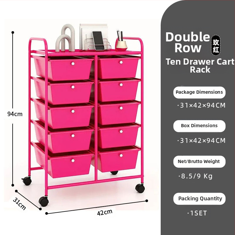 5-rétű műanyag tárolókocsi, két soros 10 fiókos rendszerrel, mozgatható, padlón álló