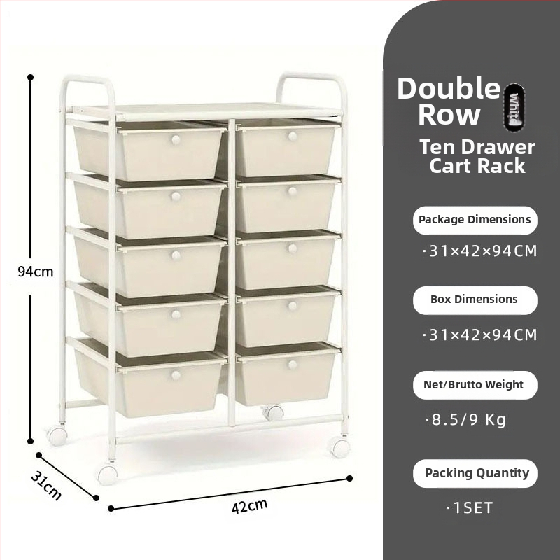 5-rétű műanyag tárolókocsi, két soros 10 fiókos rendszerrel, mozgatható, padlón álló