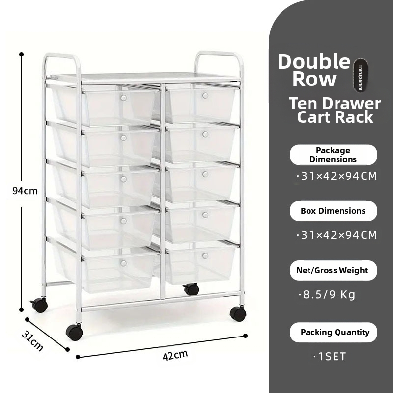5-rétű műanyag tárolókocsi, két soros 10 fiókos rendszerrel, mozgatható, padlón álló