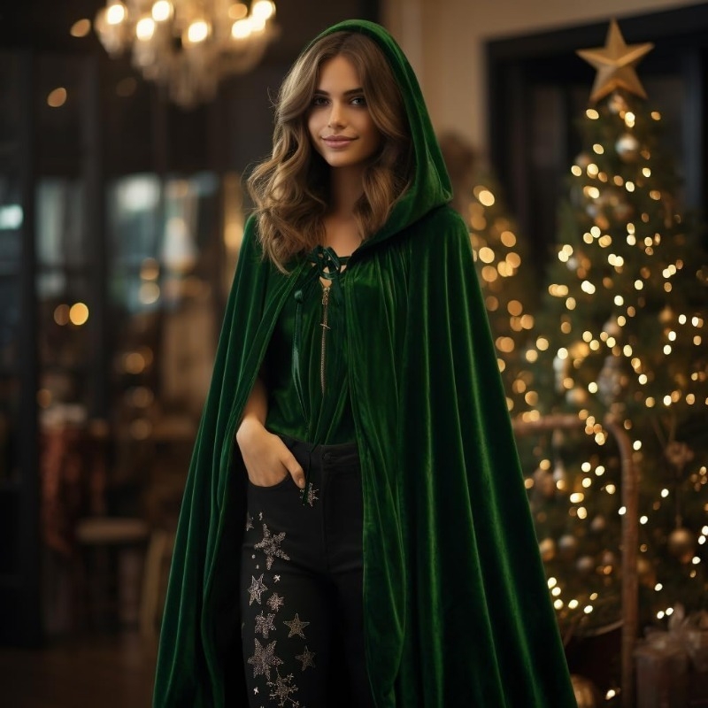 Meibida pelerină din catifea cu glugă pentru reprezentații pe scenă – stil extins, model unic, țesătură simplă, vopsire tie-dye