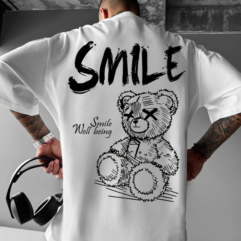 Medvilnės 96%+ marškinėliai, laisvas kirpimas, apvalus kaklo iškirptė, trumpomis rankovėmis, spausdintas raštas