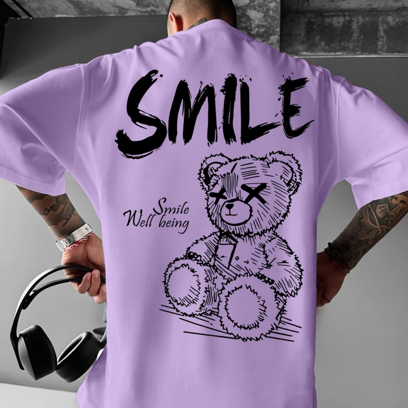 Medvilnės 96%+ marškinėliai, laisvas kirpimas, apvalus kaklo iškirptė, trumpomis rankovėmis, spausdintas raštas