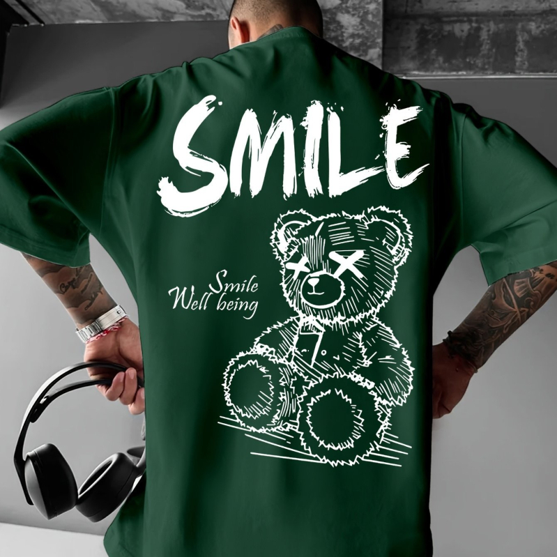 Medvilnės 96%+ marškinėliai, laisvas kirpimas, apvalus kaklo iškirptė, trumpomis rankovėmis, spausdintas raštas