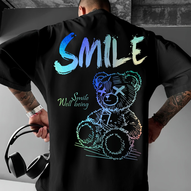 Medvilnės 96%+ marškinėliai, laisvas kirpimas, apvalus kaklo iškirptė, trumpomis rankovėmis, spausdintas raštas