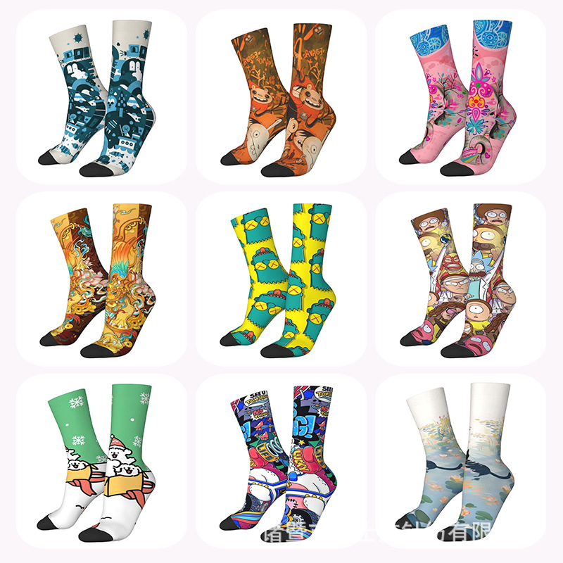 Unisex zeķes no poliestera ar digitālo logotipa drukāšanu, vidējā garuma, 3D drukāšana, karikatūras raksts