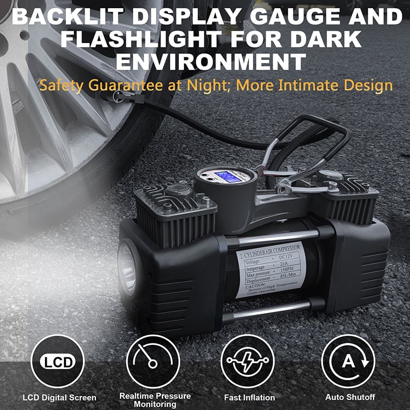 Nešiojamas automobilių padangų siurblys - dviejų cilindrų, didelis slėgis, 12-24V, 80W, 3 m laidas, su matuokliu