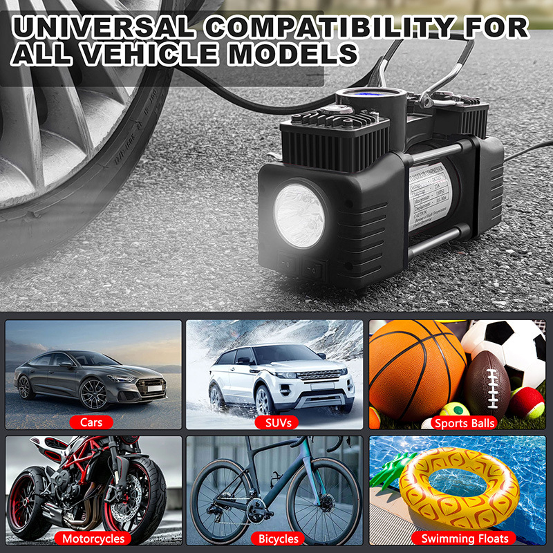 Nešiojamas automobilių padangų siurblys - dviejų cilindrų, didelis slėgis, 12-24V, 80W, 3 m laidas, su matuokliu