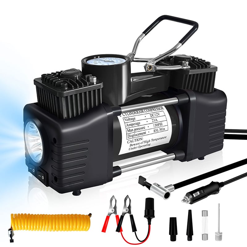 Nešiojamas automobilių padangų siurblys - dviejų cilindrų, didelis slėgis, 12-24V, 80W, 3 m laidas, su matuokliu