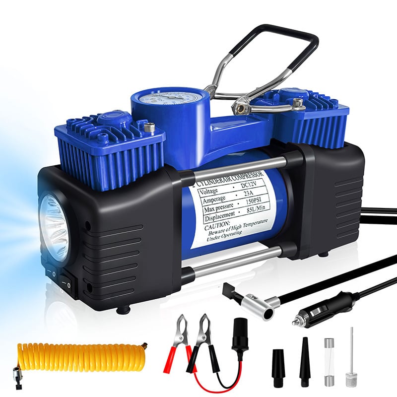 Nešiojamas automobilių padangų siurblys - dviejų cilindrų, didelis slėgis, 12-24V, 80W, 3 m laidas, su matuokliu