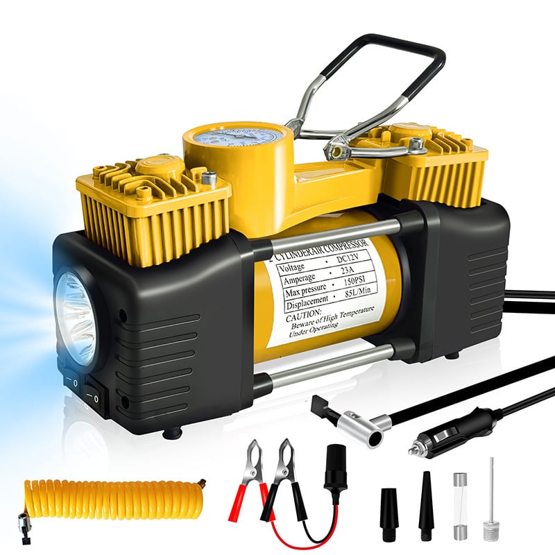 Nešiojamas automobilių padangų siurblys - dviejų cilindrų, didelis slėgis, 12-24V, 80W, 3 m laidas, su matuokliu