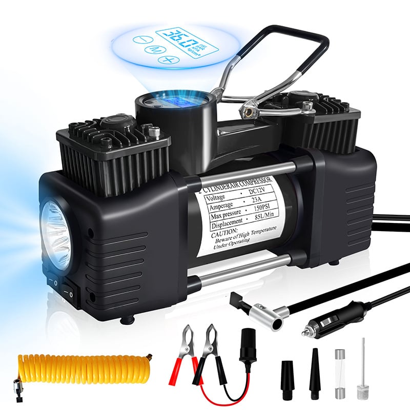 Nešiojamas automobilių padangų siurblys - dviejų cilindrų, didelis slėgis, 12-24V, 80W, 3 m laidas, su matuokliu