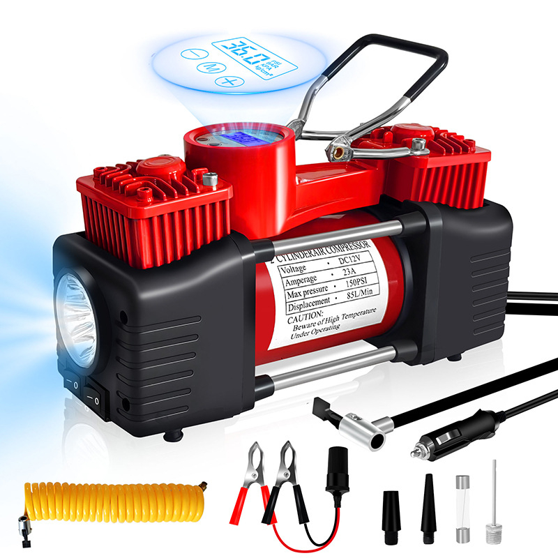 Nešiojamas automobilių padangų siurblys - dviejų cilindrų, didelis slėgis, 12-24V, 80W, 3 m laidas, su matuokliu