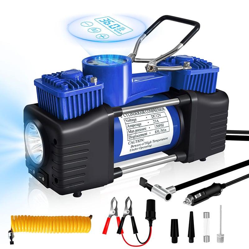 Nešiojamas automobilių padangų siurblys - dviejų cilindrų, didelis slėgis, 12-24V, 80W, 3 m laidas, su matuokliu