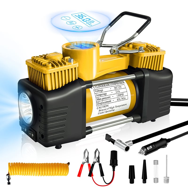 Nešiojamas automobilių padangų siurblys - dviejų cilindrų, didelis slėgis, 12-24V, 80W, 3 m laidas, su matuokliu