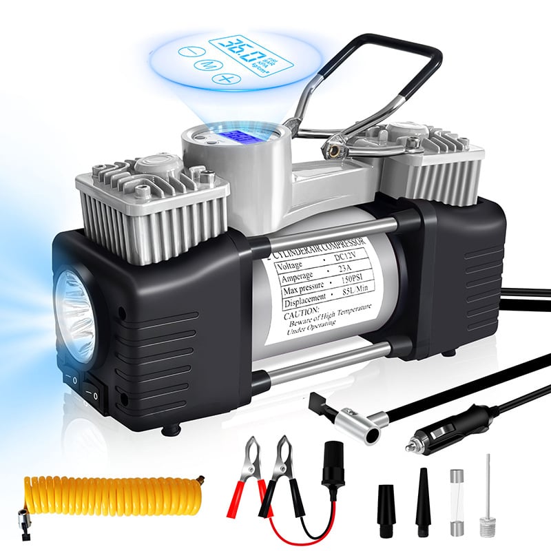 Nešiojamas automobilių padangų siurblys - dviejų cilindrų, didelis slėgis, 12-24V, 80W, 3 m laidas, su matuokliu