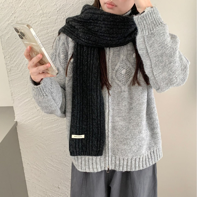 Vilnos mišinio šalikas su mažuoju haringbone raštu, megzta, šilta, Korėjos kolegijos stilius