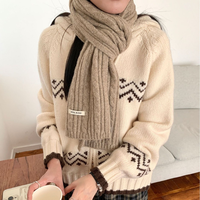 Vilnos mišinio šalikas su mažuoju haringbone raštu, megzta, šilta, Korėjos kolegijos stilius