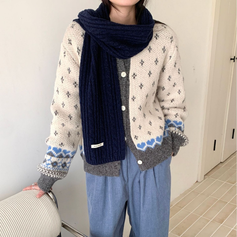 Vilnos mišinio šalikas su mažuoju haringbone raštu, megzta, šilta, Korėjos kolegijos stilius