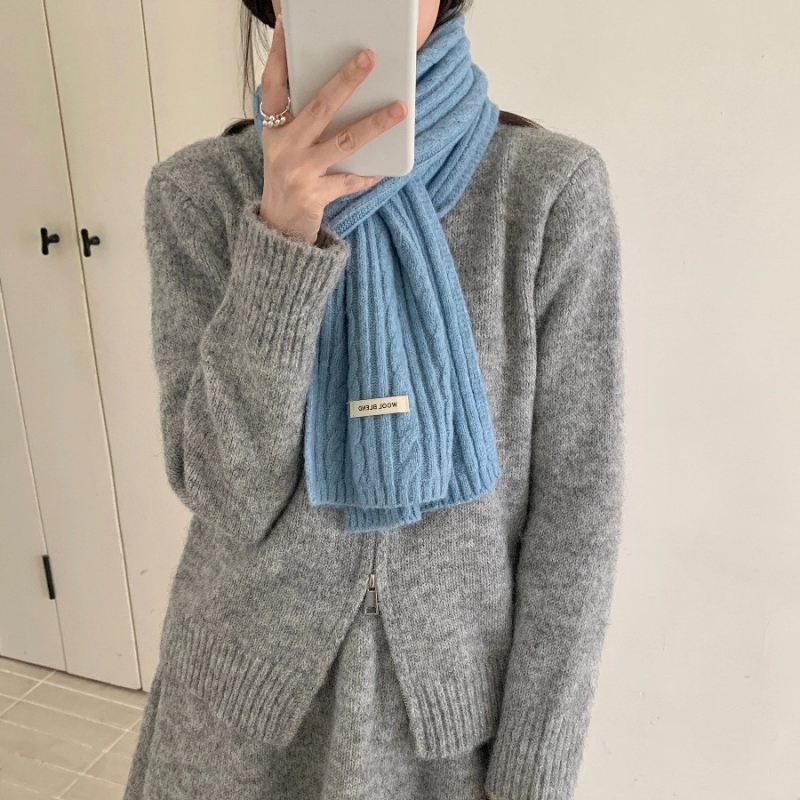 Vilnos mišinio šalikas su mažuoju haringbone raštu, megzta, šilta, Korėjos kolegijos stilius