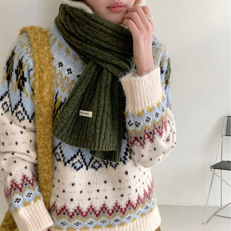 Vilnos mišinio šalikas su mažuoju haringbone raštu, megzta, šilta, Korėjos kolegijos stilius