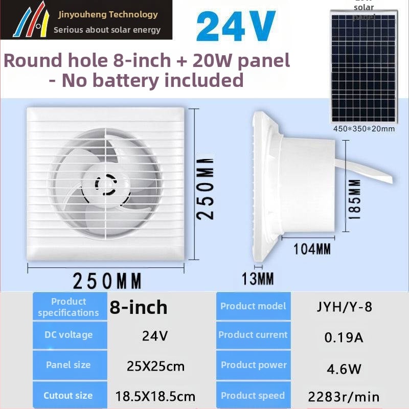 24V solarni DC ventilator za kuhinju i kupaonicu – automatsko kruženje, DC motor, kompaktni dizajn