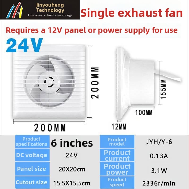 24V solarni DC ventilator za kuhinju i kupaonicu – automatsko kruženje, DC motor, kompaktni dizajn