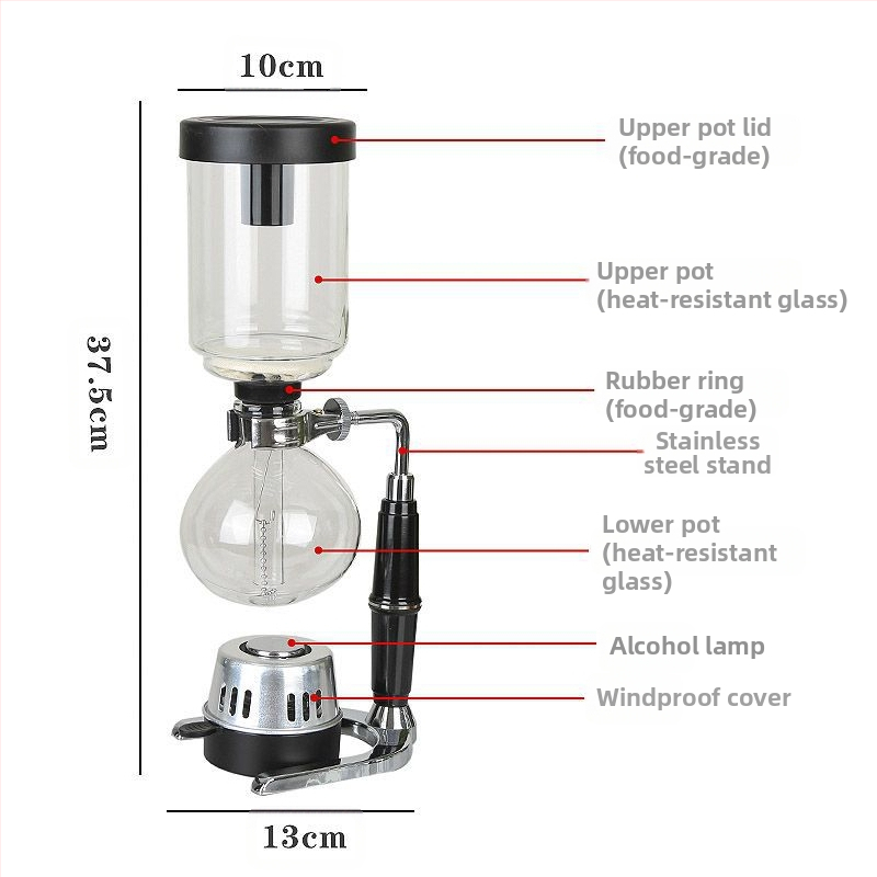 Set sifon pentru cafea de uz casnic, pentru preparare manuală, cu vase din sticlă superioare și inferioare