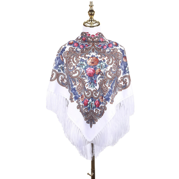 Női sál - virágmintás orosz print rojtokkal, poliészter, twill szövés, egész éves meleg