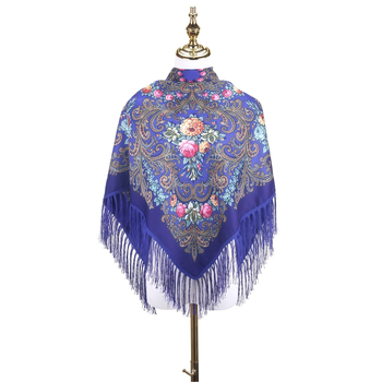 Női sál - virágmintás orosz print rojtokkal, poliészter, twill szövés, egész éves meleg