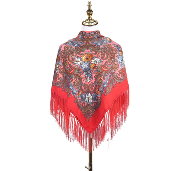 Női sál - virágmintás orosz print rojtokkal, poliészter, twill szövés, egész éves meleg