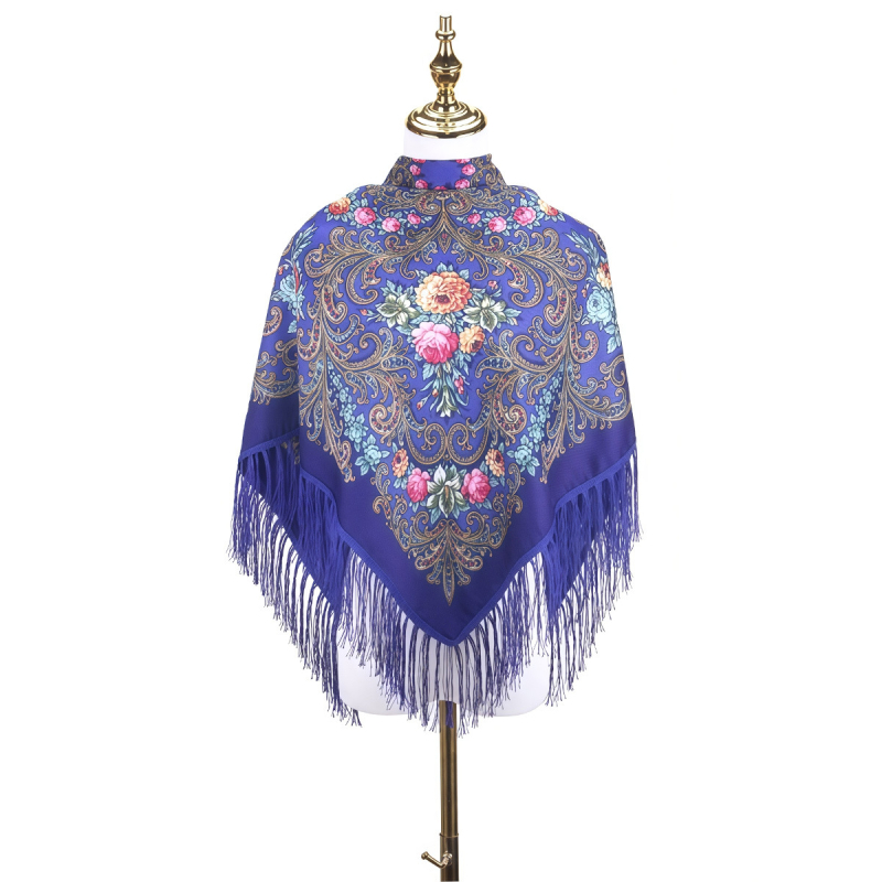 Női sál - virágmintás orosz print rojtokkal, poliészter, twill szövés, egész éves meleg