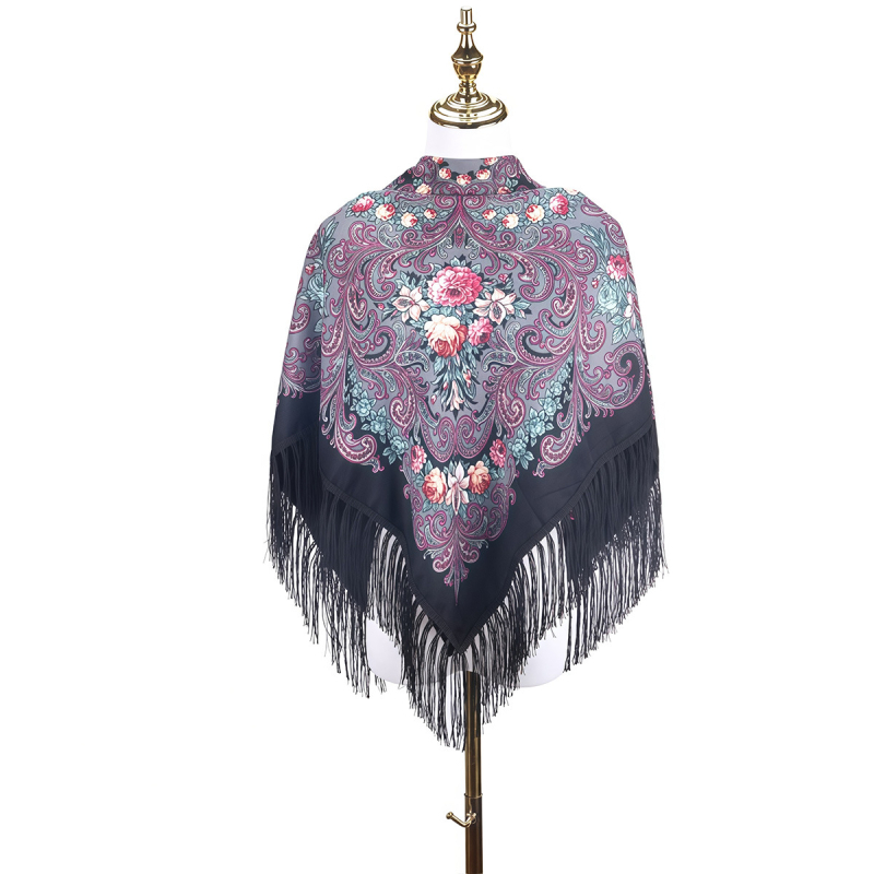 Női sál - virágmintás orosz print rojtokkal, poliészter, twill szövés, egész éves meleg