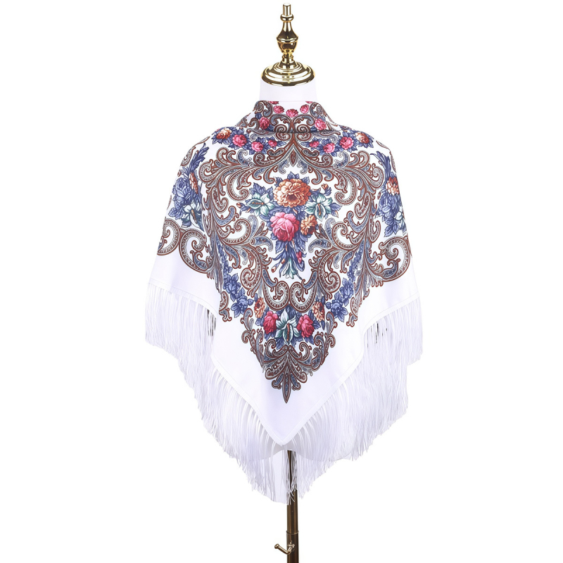 Női sál - virágmintás orosz print rojtokkal, poliészter, twill szövés, egész éves meleg