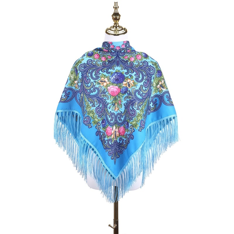 Női sál - virágmintás orosz print rojtokkal, poliészter, twill szövés, egész éves meleg