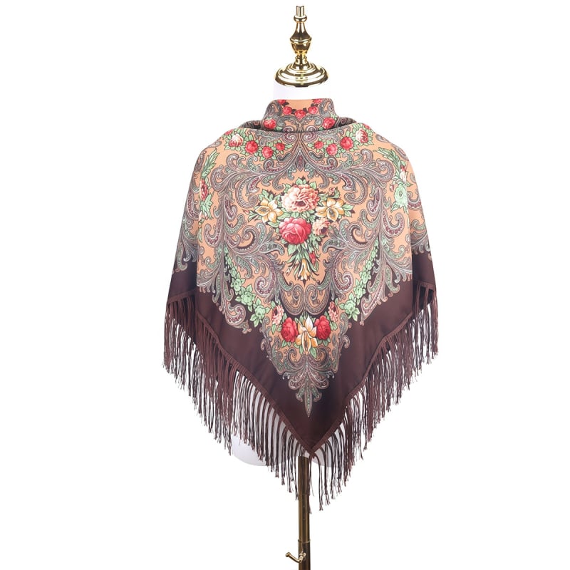 Női sál - virágmintás orosz print rojtokkal, poliészter, twill szövés, egész éves meleg